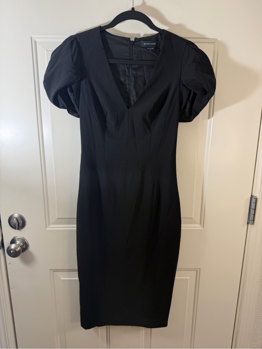 Marciano Black Puff Sleeve Bodycon Midi Dress Size 2 Office Siren Luxury 0224